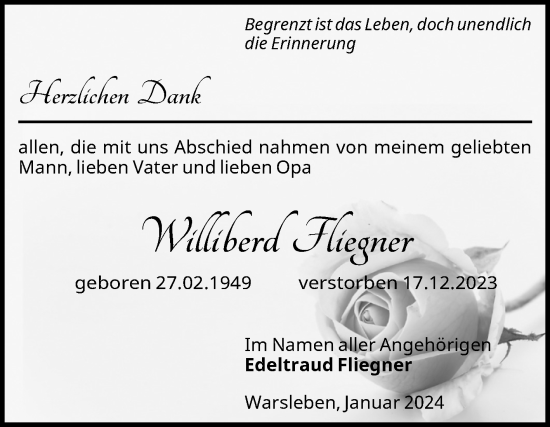 Traueranzeige von Williberd Fliegner von Volksstimme Oschersleben/Wanzleben