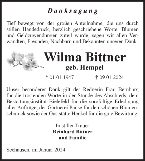 Traueranzeige von Wilma Bittner von Volksstimme Altmark Ost