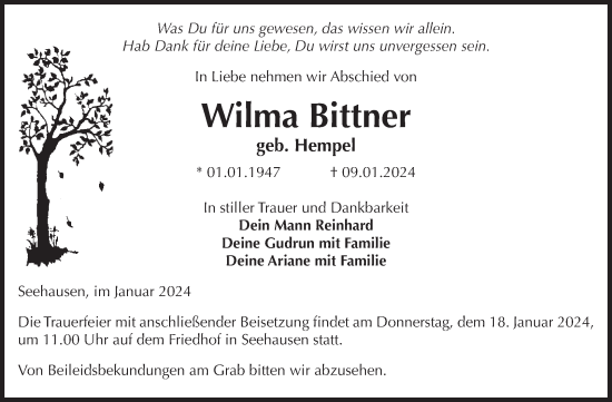 Traueranzeige von Wilma Bittner von Volksstimme Altmark Ost