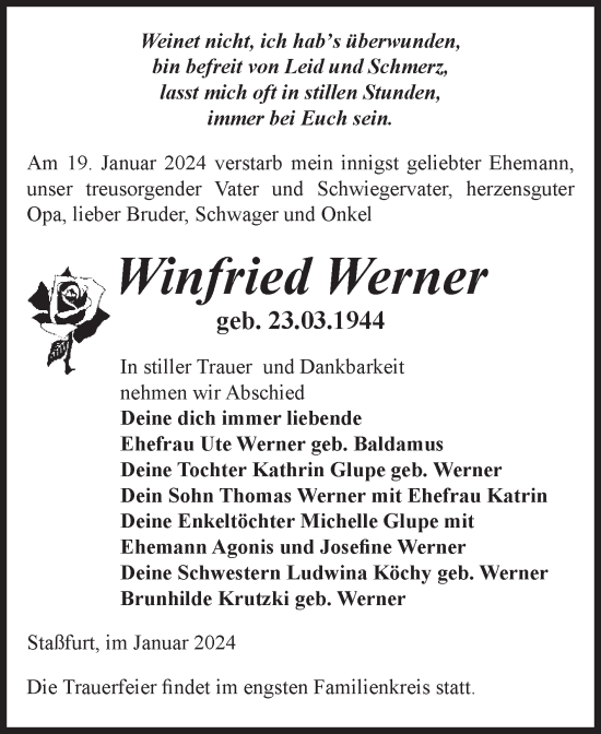 Traueranzeige von Winfried Werner von Volksstimme Staßfurt