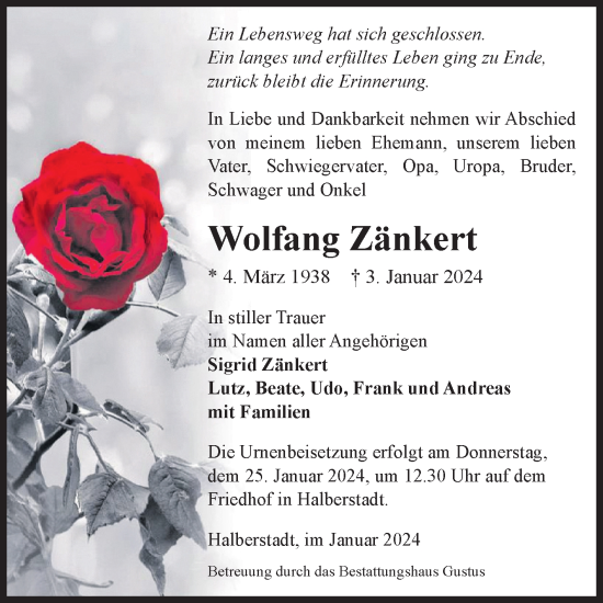 Traueranzeige von Wolfang Zänkert von Volksstimme Halberstadt
