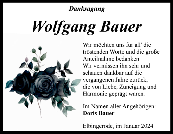 Traueranzeige von Wolfgang Bauer von Volksstimme Wernigerode