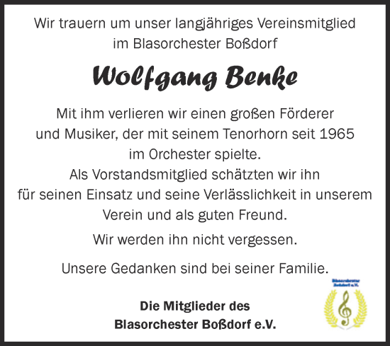 Traueranzeige von Wolfgang Benke von Super Sonntag Wittenberg