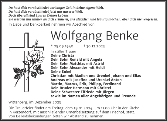Traueranzeige von Wolfgang Benke von Trauerkombi Wittenberg