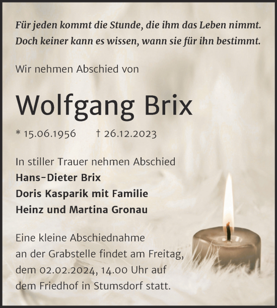 Traueranzeige von Wolfgang Brix von Trauerkombi Bitterfeld