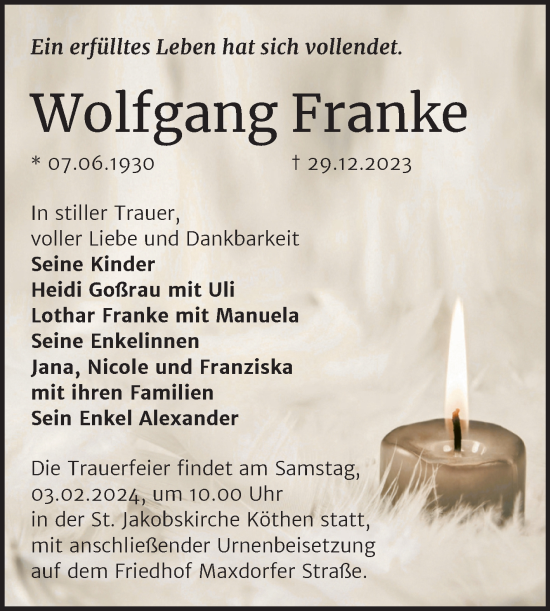 Traueranzeige von Wolfgang Franke von Trauerkombi Köthen