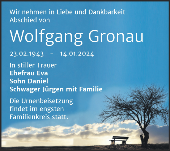 Traueranzeige von Wolfgang Gronau von Trauerkombi Bitterfeld