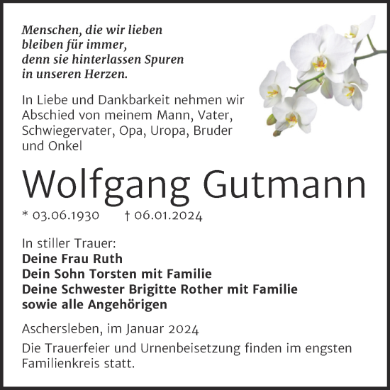 Traueranzeige von Wolfgang Gutmann von Trauerkombi Aschersleben