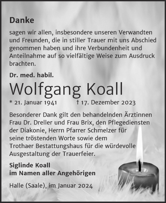 Traueranzeige von Wolfgang Koall von Mitteldeutsche Zeitung Halle/Saalkreis