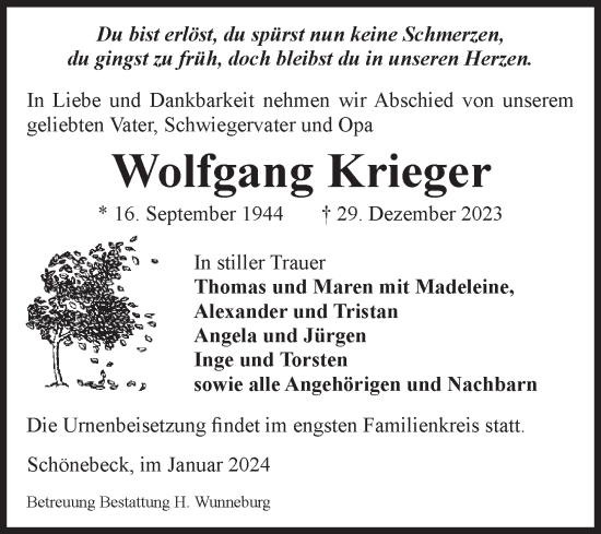 Traueranzeige von Wolfgang Krieger von Volksstimme Schönebeck