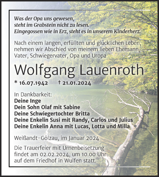 Traueranzeige von Wolfgang Lauenroth von Trauerkombi Köthen