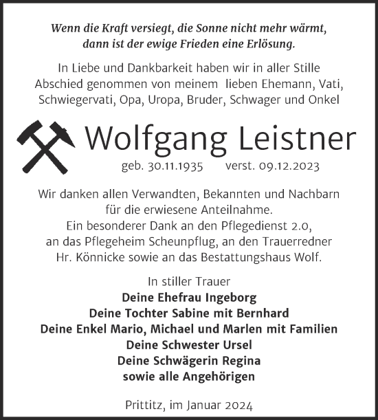 Traueranzeige von Wolfgang Leistner von Trauerkombi Weißenfels