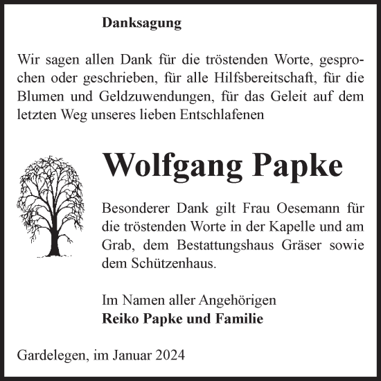Traueranzeige von Wolfgang Papke von Volksstimme Altmark West