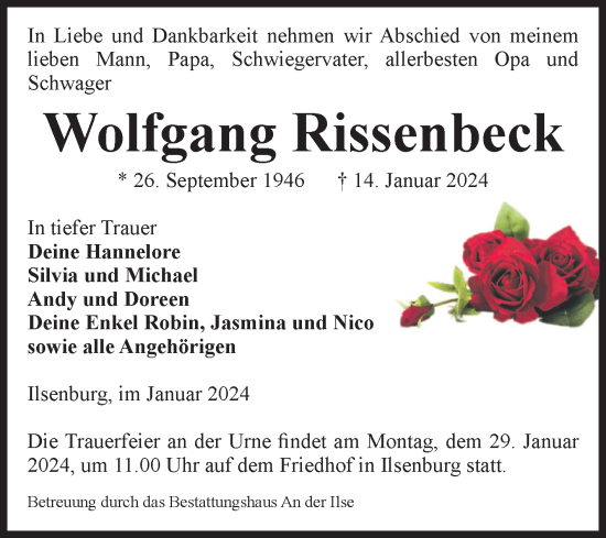 Traueranzeige von Wolfgang Rissenbeck von Volksstimme Wernigerode