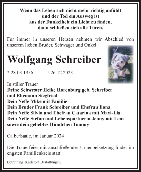 Traueranzeige von Wolfgang Schreiber von Volksstimme Schönebeck