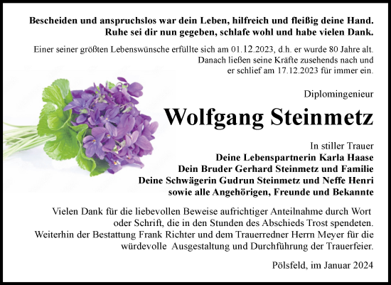 Traueranzeige von Wolfgang Steinmetz von Trauerkombi Sangerhausen