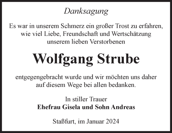 Traueranzeige von Wolfgang Strube von Volksstimme Staßfurt