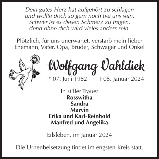 Traueranzeige von Wolfgang Vahldiek von Volksstimme Oschersleben/Wanzleben
