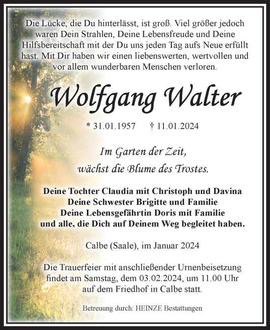 Traueranzeige von Wolfgang Walter von Volksstimme Schönebeck