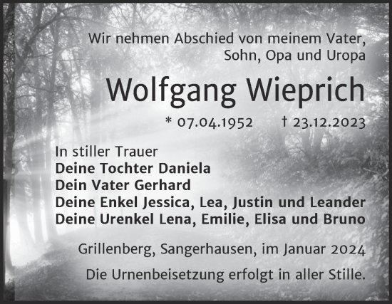 Traueranzeige von Wolfgang Wieprich von Trauerkombi Sangerhausen