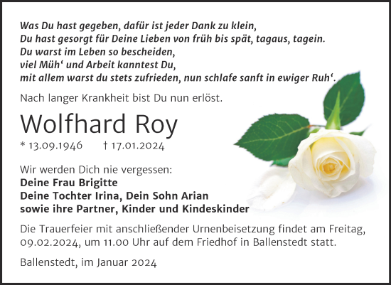 Traueranzeige von Wolfhard Roy von Trauerkombi Quedlinburg