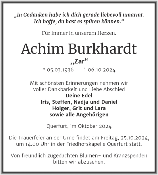 Traueranzeige von Achim Burkhardt von Trauerkombi Merseburg