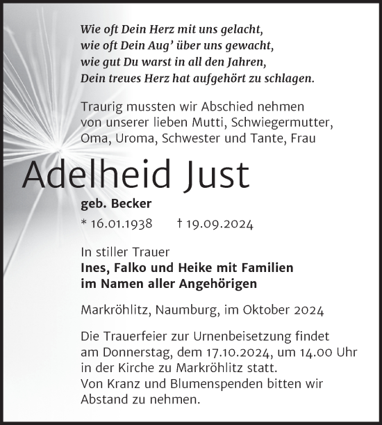 Traueranzeige von Adelheid Just von Trauerkombi Weißenfels