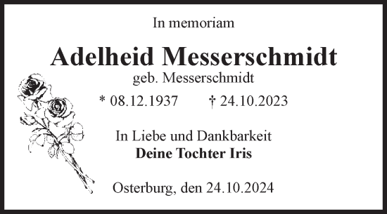 Traueranzeige von Adelheid Messerschmidt von Volksstimme Altmark Ost