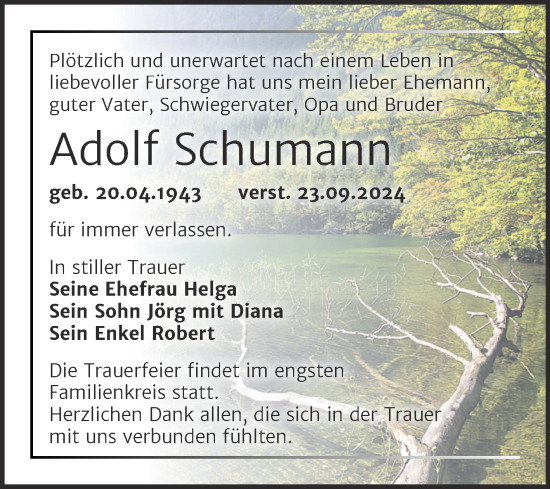 Traueranzeige von Adolf Schumann von Trauerkombi Mansfelder Land