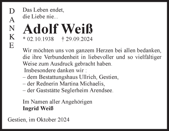 Traueranzeige von Adolf Weiß von Volksstimme Altmark West