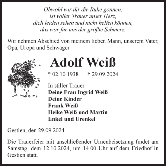 Traueranzeige von Adolf Weiß von Volksstimme Altmark West