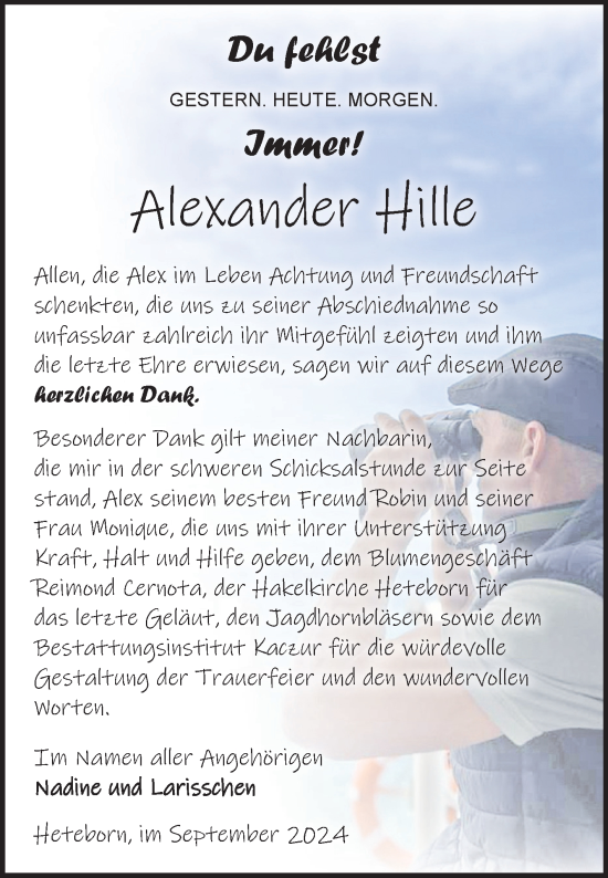 Traueranzeige von Alexander Hille von Trauerkombi Quedlinburg