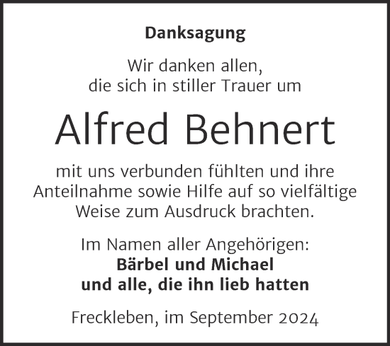 Traueranzeige von Alfred Behnert von Trauerkombi Aschersleben