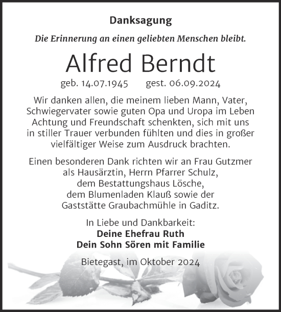 Traueranzeige von Alfred Berndt von Trauerkombi Wittenberg