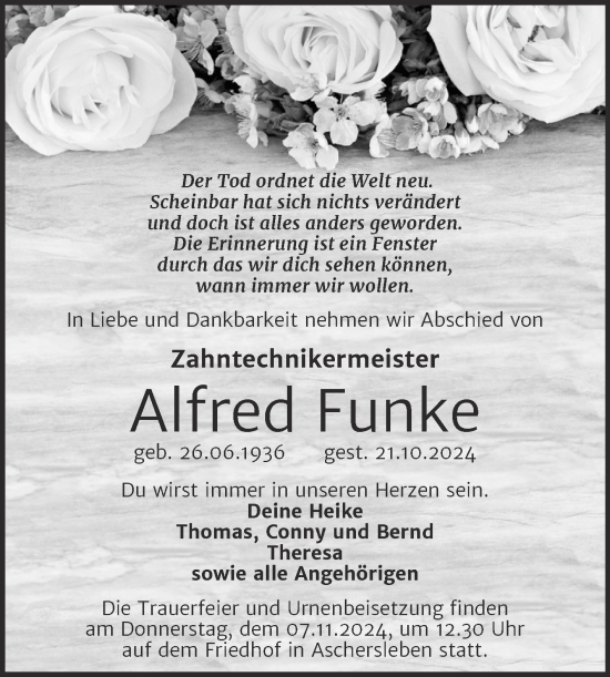 Traueranzeige von Alfred Funke von Trauerkombi Aschersleben