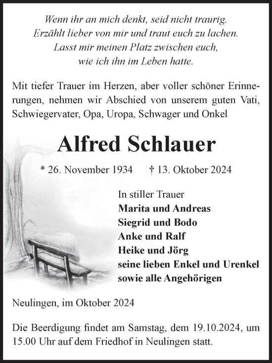 Traueranzeige von Alfred Schlauer von Volksstimme Altmark West