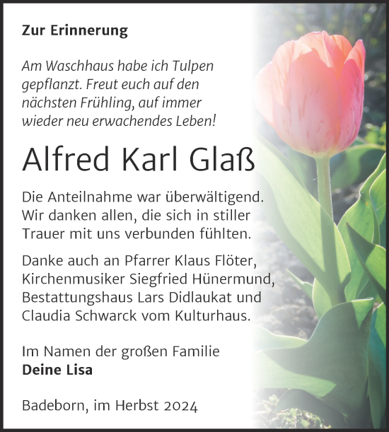 Traueranzeige von Alfred Karl Glaß von Trauerkombi Quedlinburg