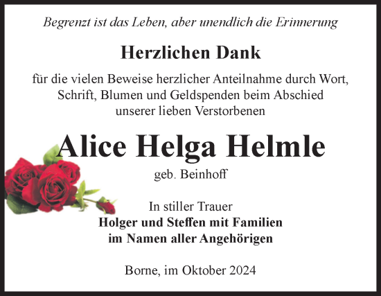 Traueranzeige von Alice Helga Heimle von Volksstimme Staßfurt