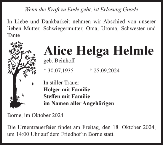 Traueranzeige von Alice Helga Helmle von Volksstimme Staßfurt
