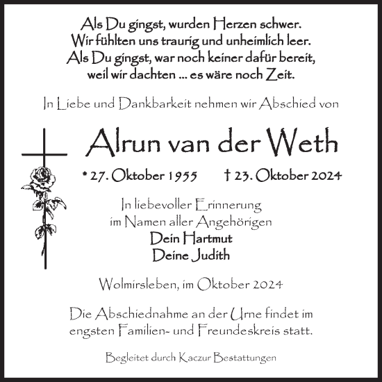 Traueranzeige von Alrun van der Weth von Volksstimme Staßfurt
