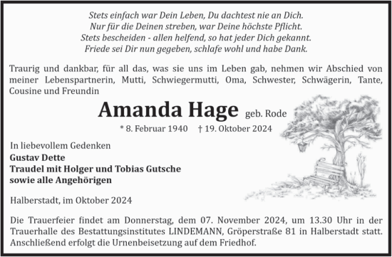 Traueranzeige von Ammanda Hage von Volksstimme Halberstadt