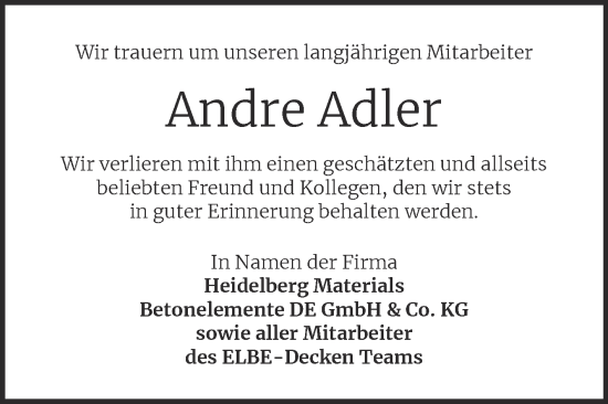 Traueranzeige von Andre Adler von Super Sonntag Wittenberg