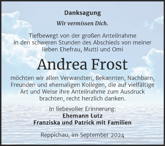 Traueranzeige von Andrea Frost von Trauerkombi Köthen