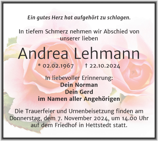 Traueranzeige von Andrea Lehmann von Trauerkombi Mansfelder Land