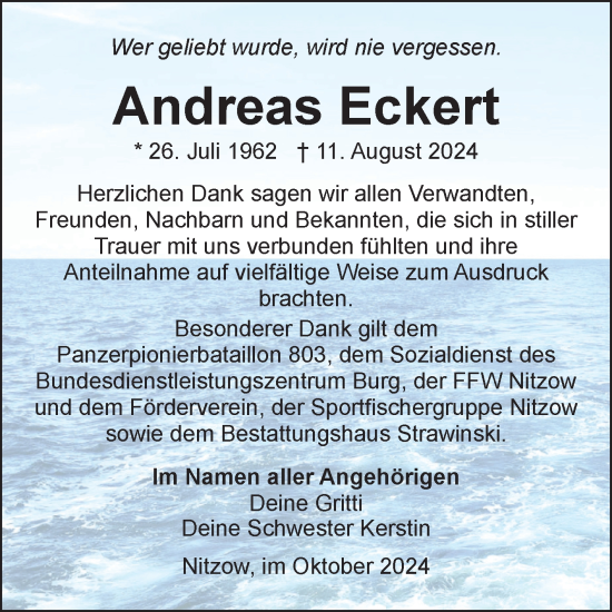 Traueranzeige von Andreas Eckert von Volksstimme Altmark Ost