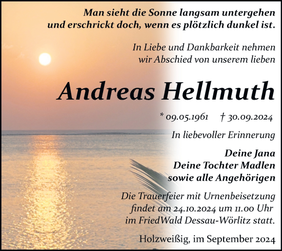 Traueranzeige von Andreas Hellmuth von Trauerkombi Bitterfeld