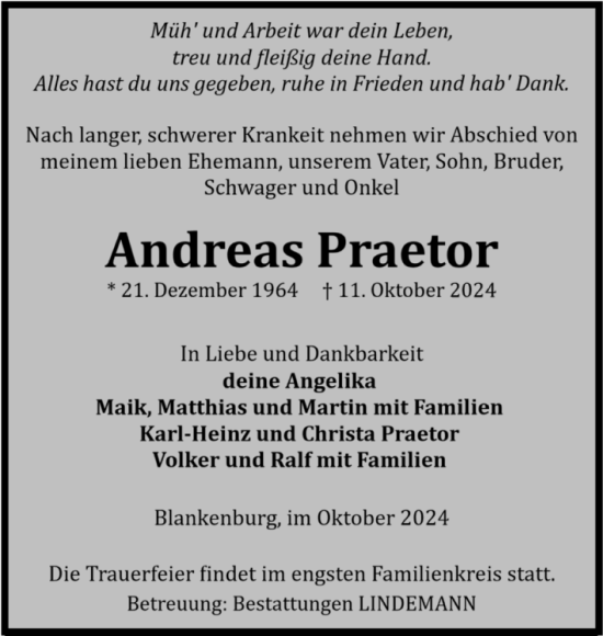 Traueranzeige von Andreas Praetor von Volksstimme Wernigerode