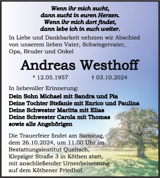 Traueranzeige von Andreas Westhoff von Trauerkombi Köthen
