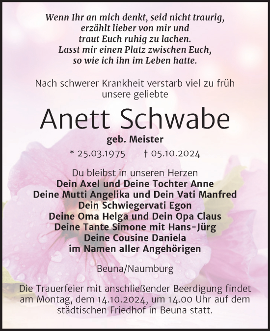 Traueranzeige von Anett Schwabe von Naumburger Tageblatt