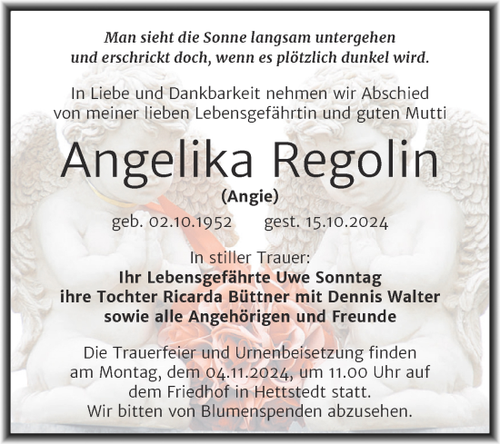 Traueranzeige von Angelika Regolin von Trauerkombi Mansfelder Land